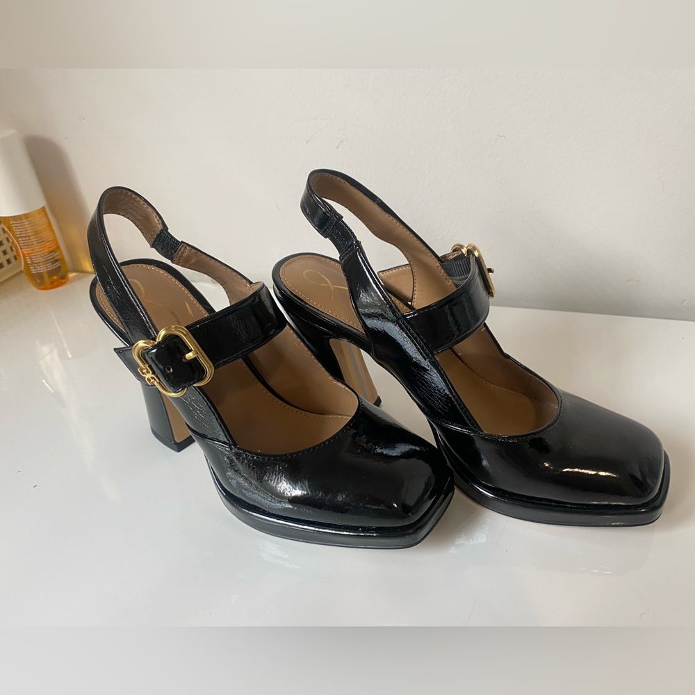 Sam Edelman Black Patent Mary Jane Heels with Gold Buckle